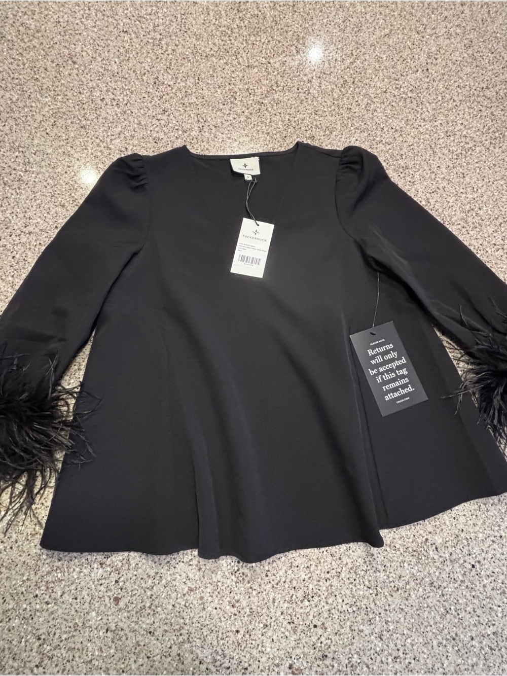 Tuckernuck Black Feather-Trim Long Sleeve Top New tags Size Small